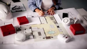 Plans with woman drawing with fire safety appliances around her
